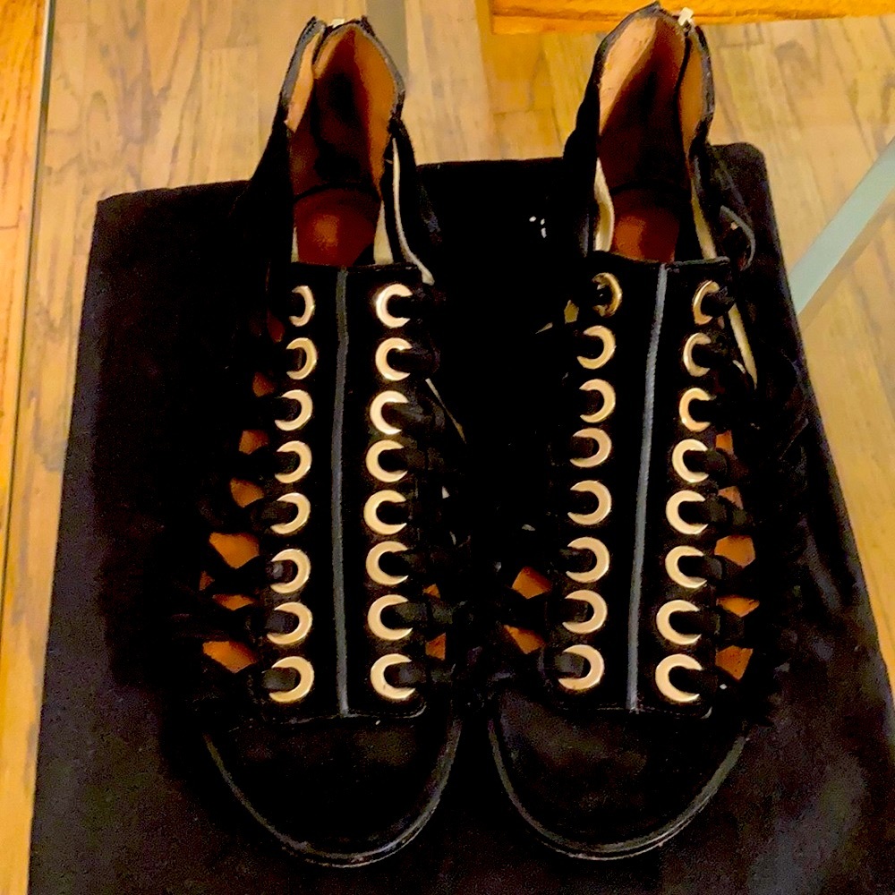 Celebrity Worn Givenchy Black Suede Gladiator Sandals with Gold Size 38 / 8